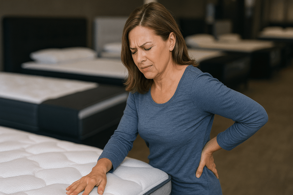 Mujer evaluando un colchón en una tienda moderna mientras siente dolor de espalda, imagen realista ideal para artículo sobre cómo elegir el colchón perfecto para el dolor lumbar.Select 72 more words to run Humanizer.