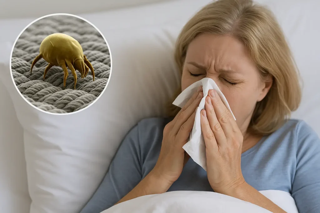 Niño dormido en colchón hipoalergénico, ambiente fresco y limpio