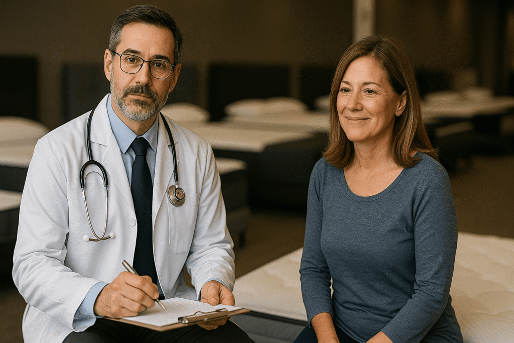 Médico y paciente conversando en una tienda de colchones, representando evidencia científica y testimonios reales sobre salud y descanso.