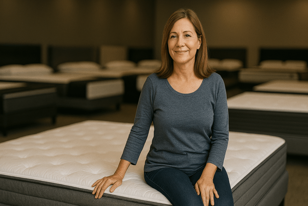 Mujer relajada y sonriente sentada sobre un colchón ergonómico en tienda moderna, imagen ideal para artículo sobre descanso sin dolor y elección del colchón perfecto.