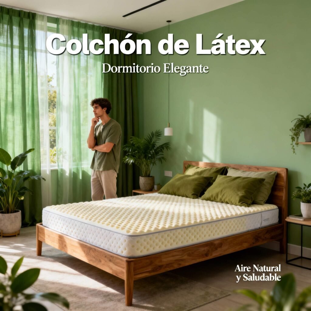 elegir-latex Persona eligiendo un colchón de látex en dormitorio moderno, ambiente natural y saludable, ideal para descanso y salud de la espalda.