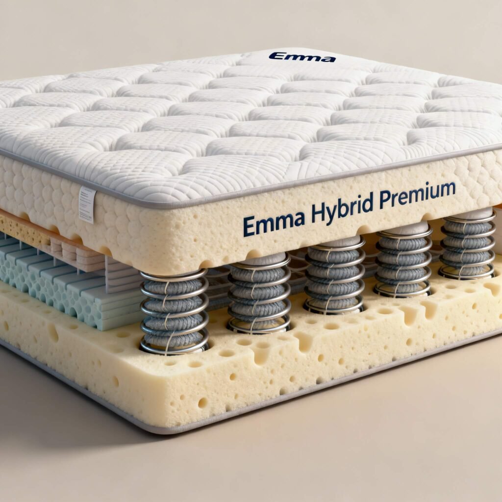 Colchón Emma Hybrid Premium, híbrido equilibrado y fresco, alta transpirabilidad y soporte avanzado.