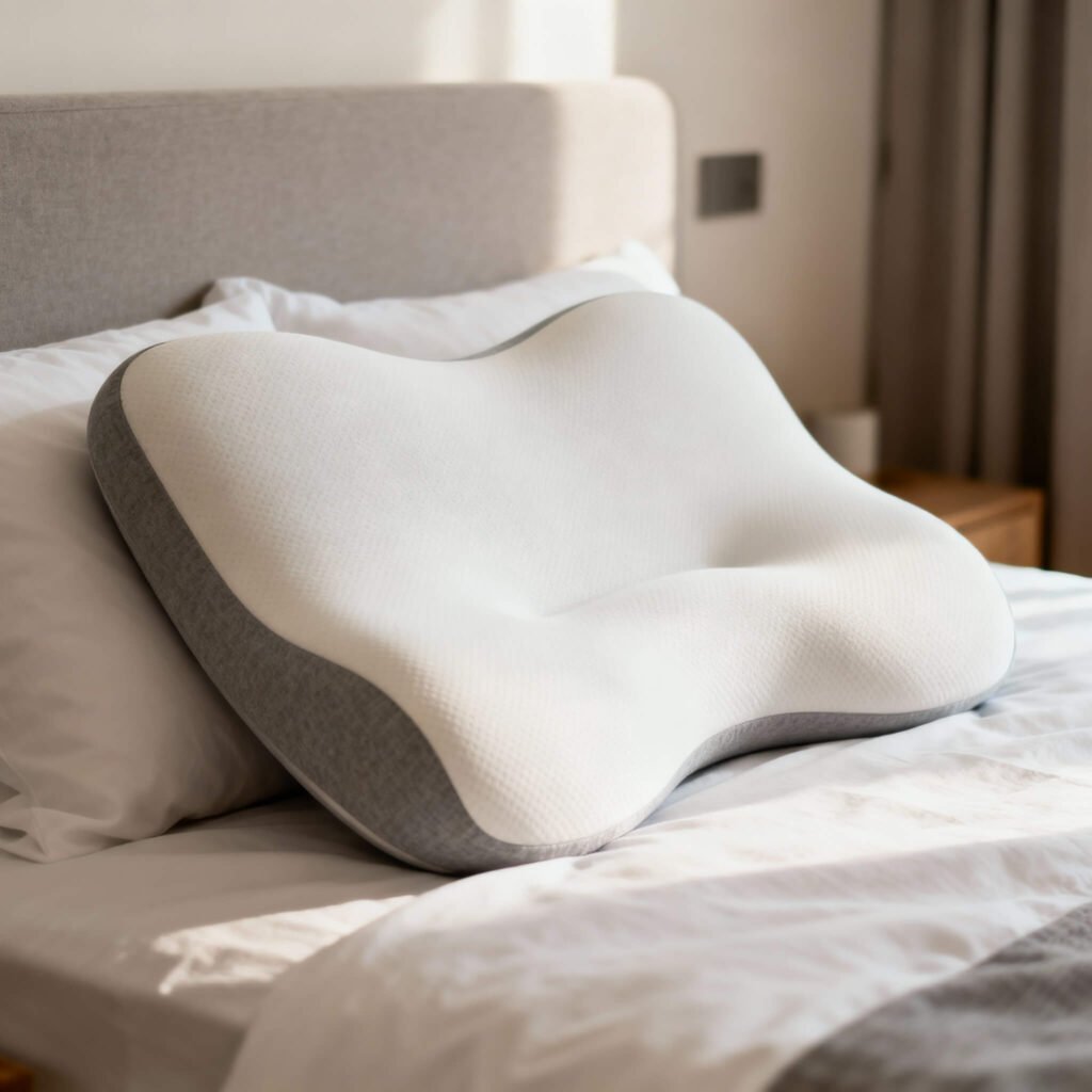 ergonómica Almohadas ergonómicas con diseño contorneado sobre cama, ideales para soporte cervical y descanso saludable en dormitorio moderno.