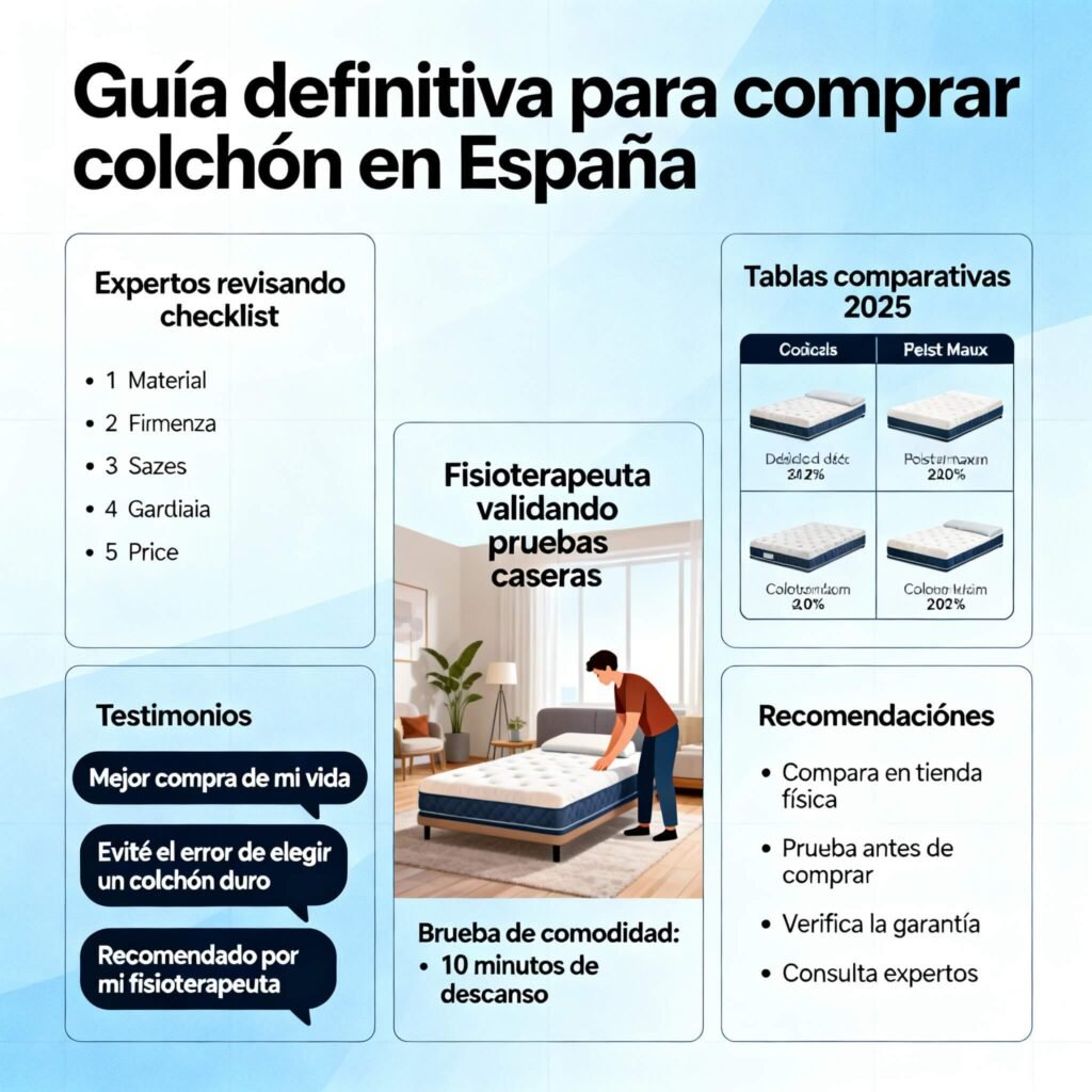 Guía 2025 para comprar colchón: expertos, checklist, tablas comparativas y consejos personalizados para evitar errores habituales en España.