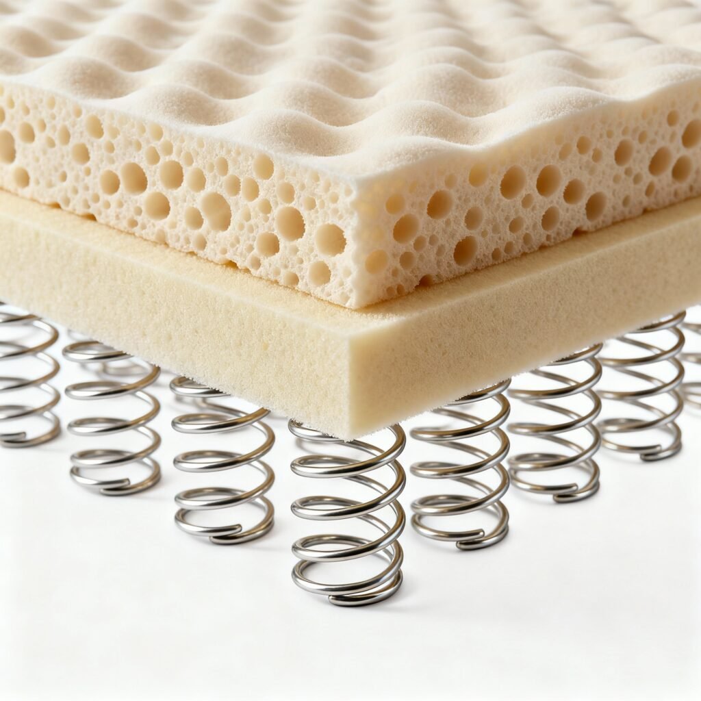 hibrido-capas Corte transversal de colchón híbrido con espuma viscoelástica y muelles — materiales y capas para un descanso óptimo, comparativa Barcelona 2025