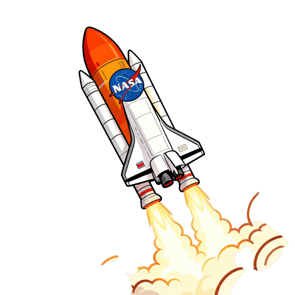 Cohete de la NASA despegando, estilo cartoon, energía y avance tecnológico.