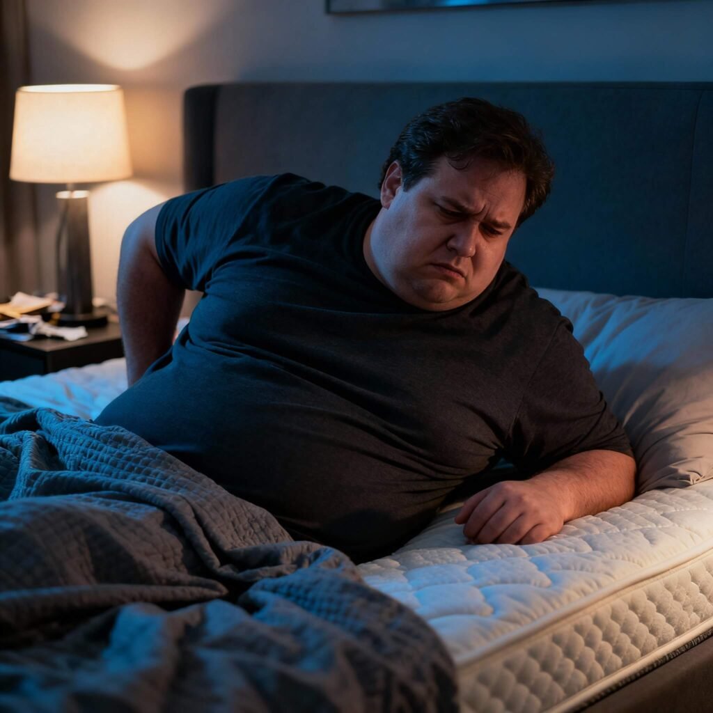 Colchón inadecuado causando dolor de espalda en persona con sobrepeso, resalta la importancia de elegir el mejor colchón para mejorar sueño y salud.