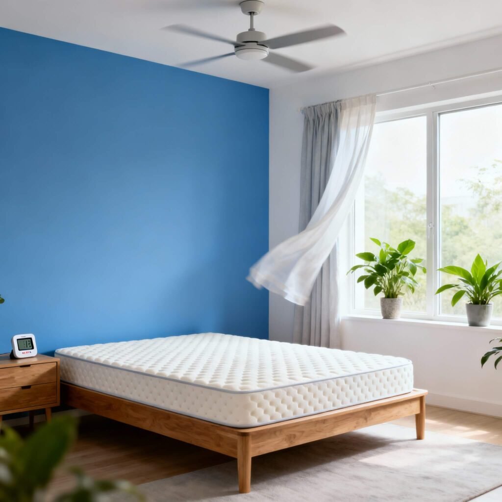 temperatura Dormitorio moderno con colchón de látex, controlando la temperatura ambiente con termómetro y ventilador para un descanso saludable.