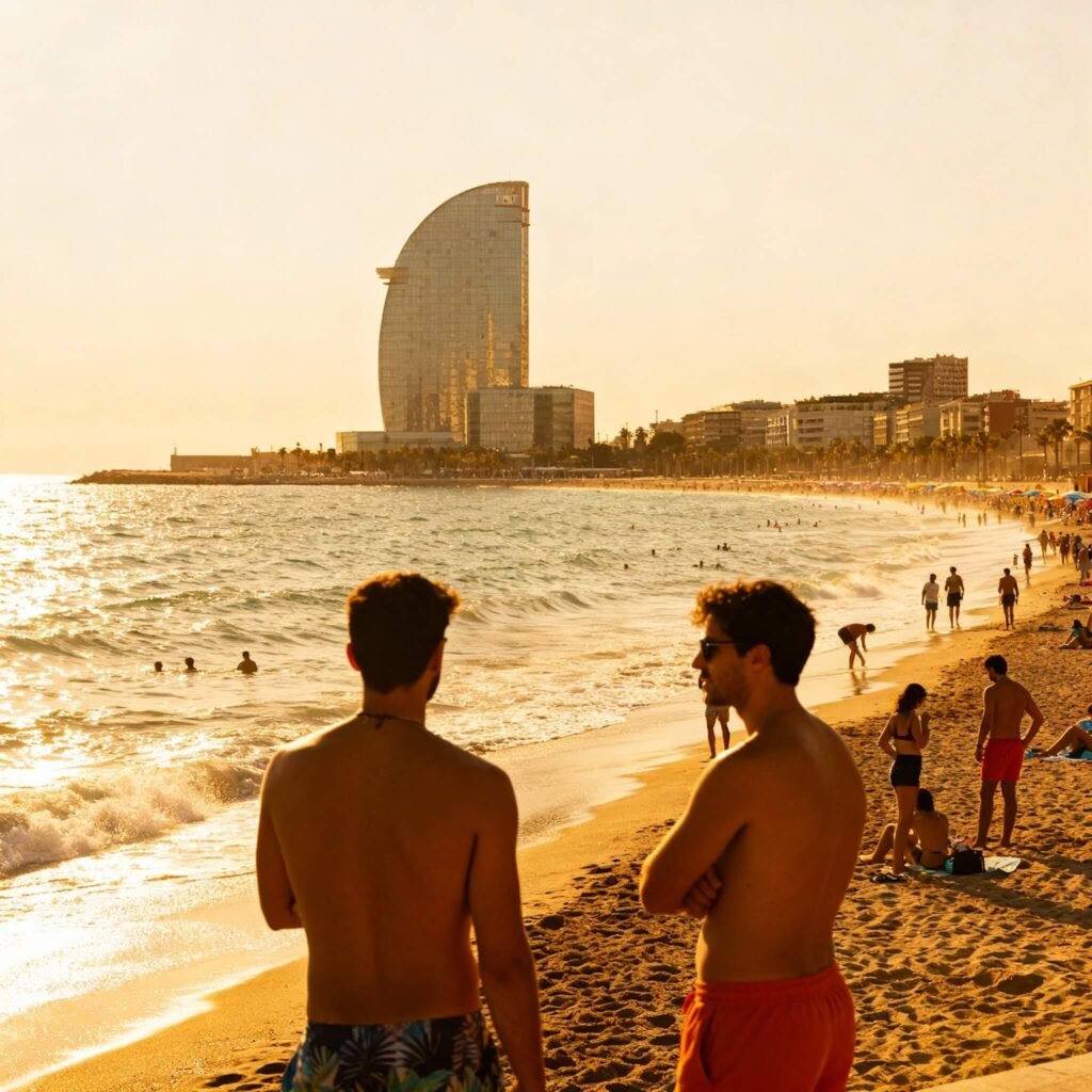 Persona disfrutando del verano cálido y húmedo en Barcelona con clima mediterráneo, sol, playa y ciudad al fondo.