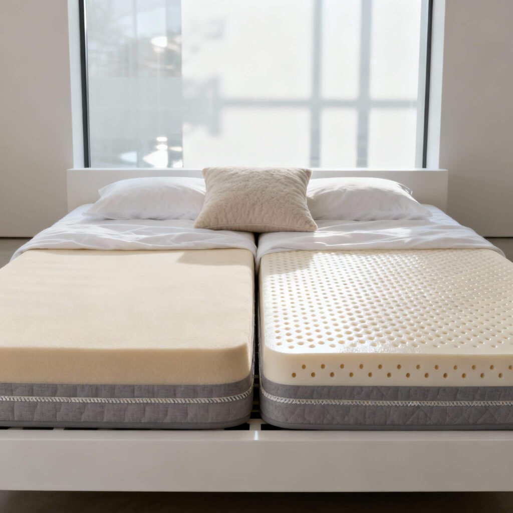 Comparativa visual entre colchón viscoelástico y colchón de látex en ambiente moderno, ideal para destacar diferencias clave y facilitar la elección del mejor colchón en 2025.