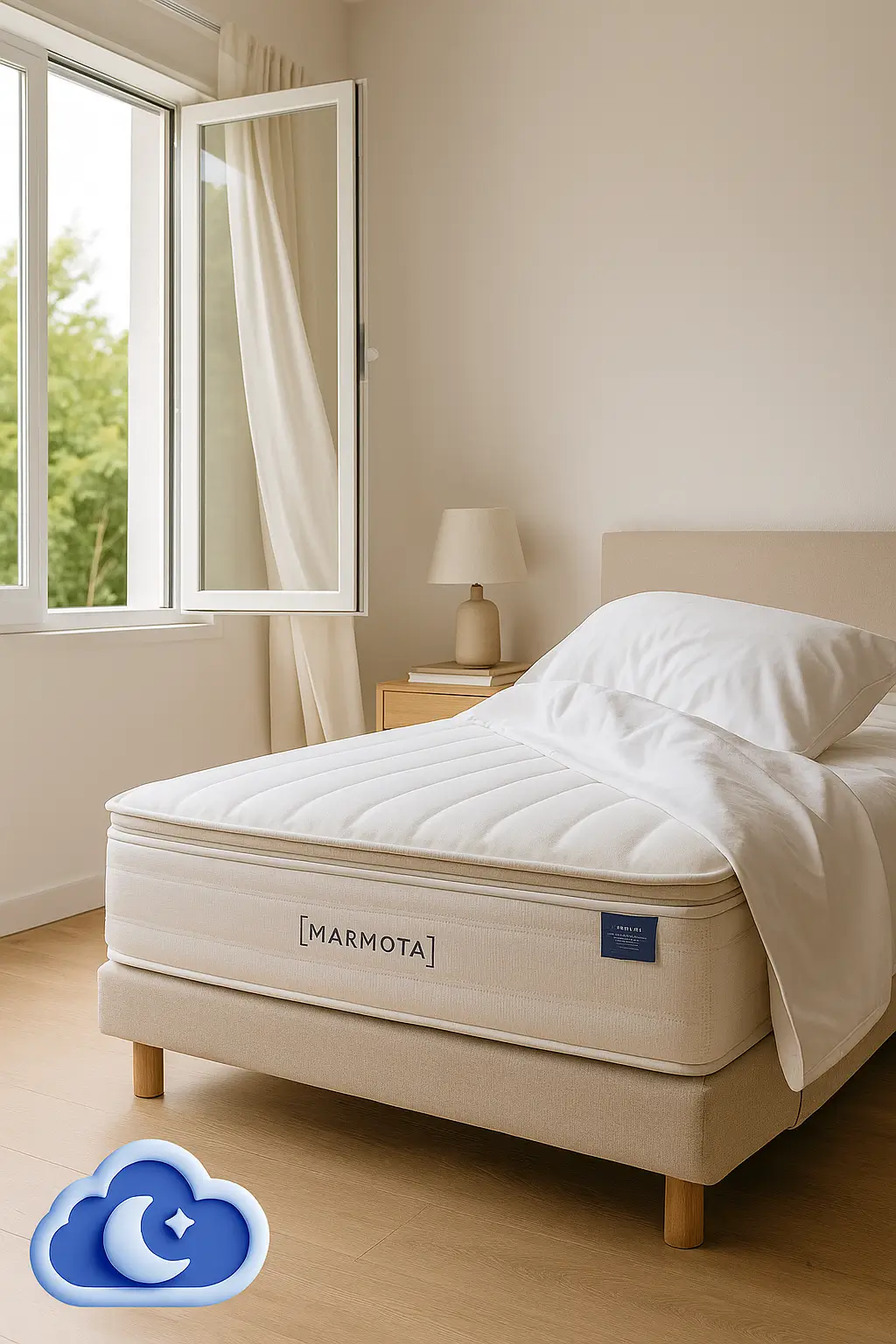 Fotografía hiperrealista de un dormitorio moderno con colchón ventilándose y funda protectora parcialmente retirada. Representa el cuidado del colchón: aireación diaria, cambio de ropa de cama y uso de protector para mantener la higiene, frescura y durabilidad del descanso. Ideal para consejos sobre cómo cuidar tu colchón.